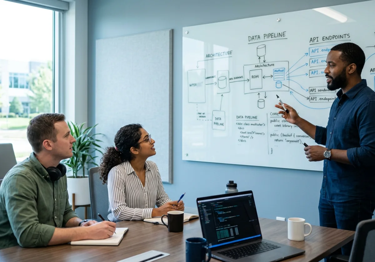 An engineer answering questions at a whiteboard