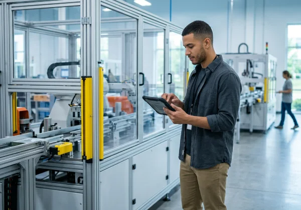 An engineer and a plant manager reviewing a dashboard on the factory floor