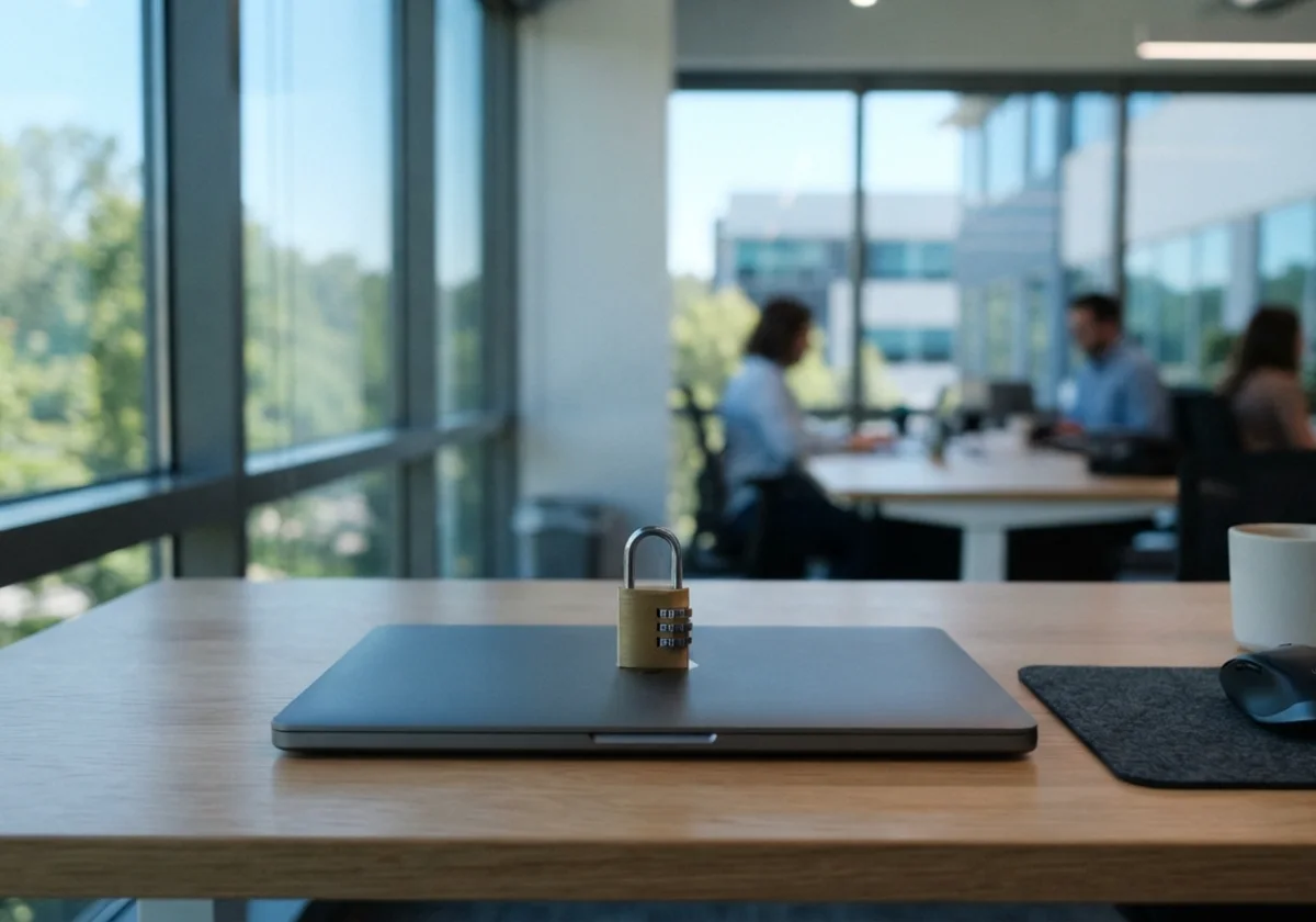 A locked laptop on a tidy desk