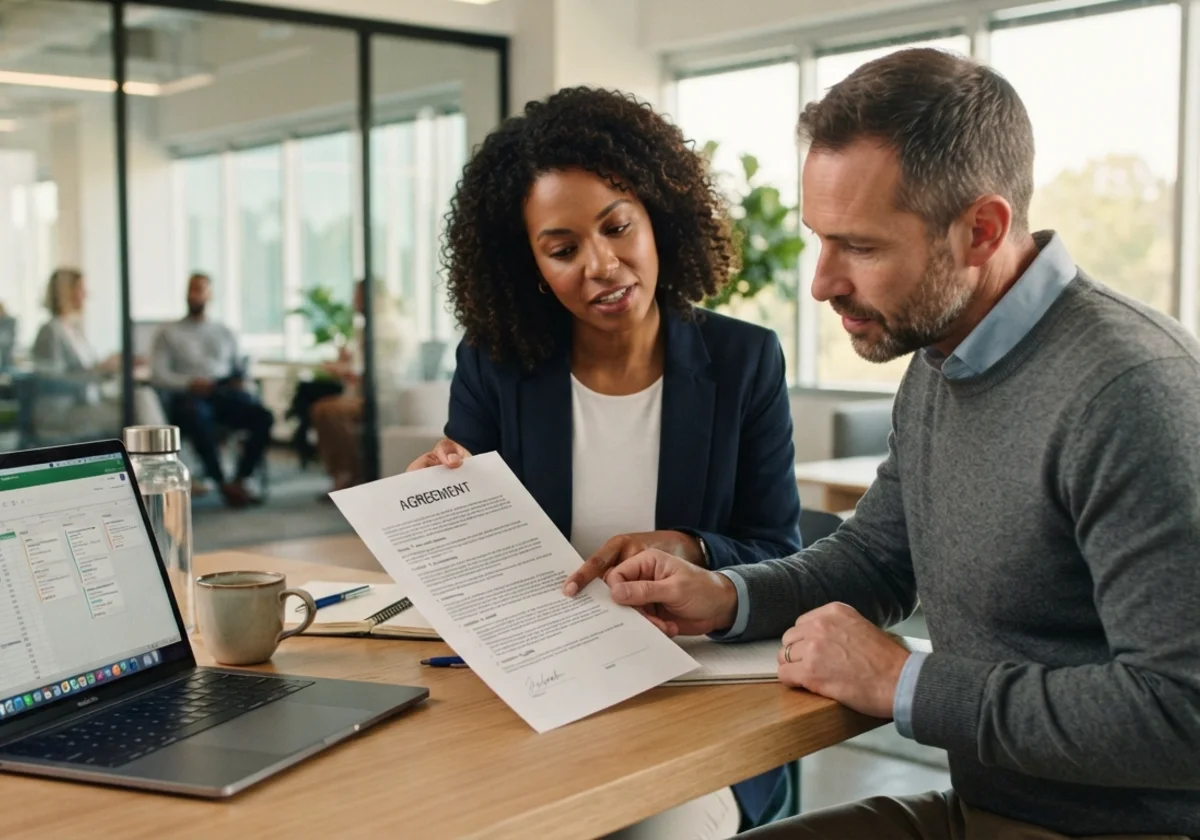 Two people reviewing a short agreement at a table