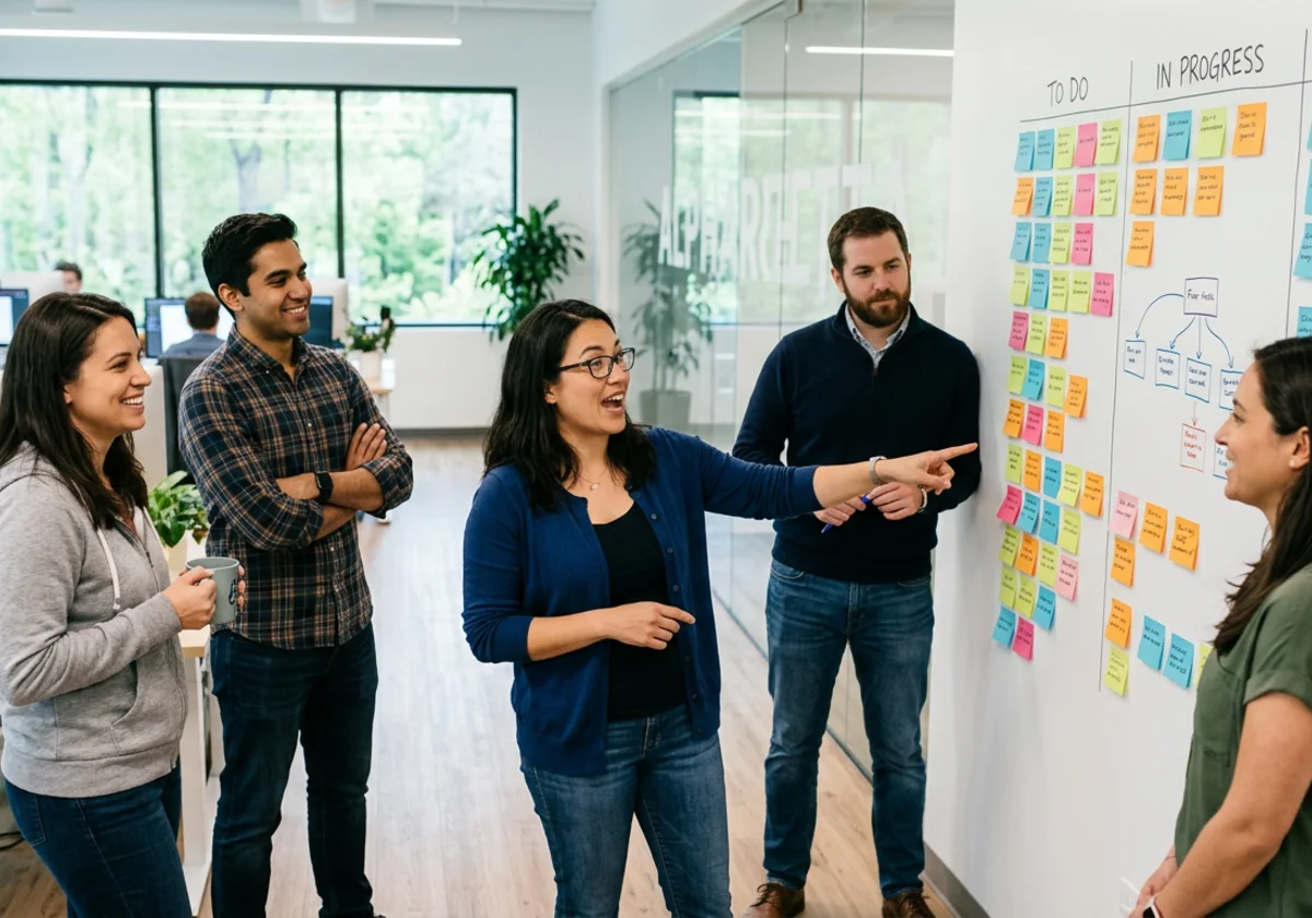 The Intuites engineering team in a stand-up meeting
