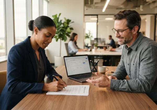 Two people reviewing and signing a short agreement