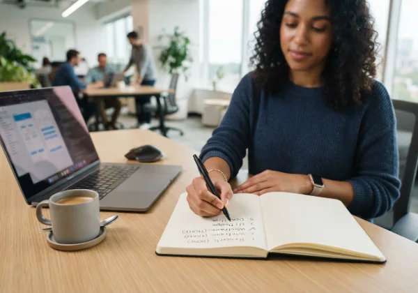 A project checklist in a notebook beside a laptop